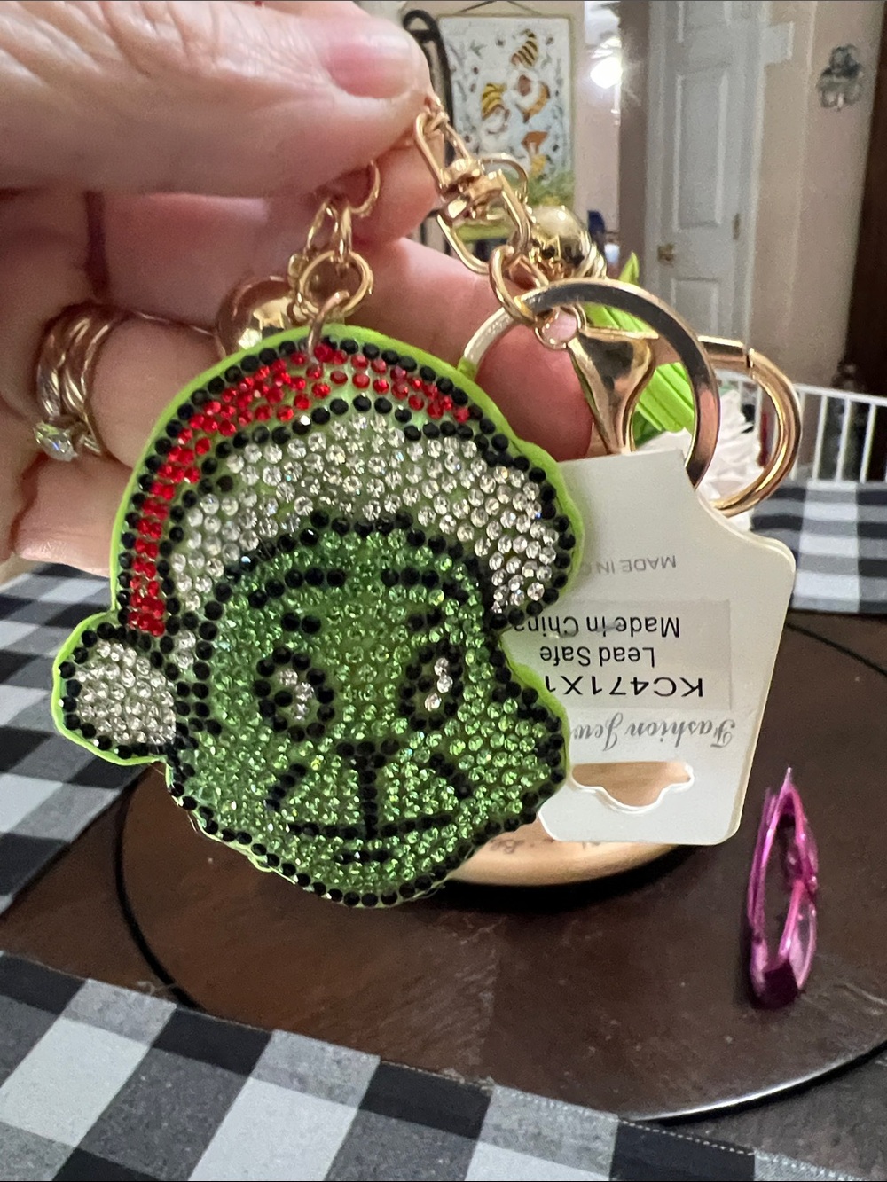 New Green Rhinestone Grinch Keychain Bag Charm - Festive Accessory